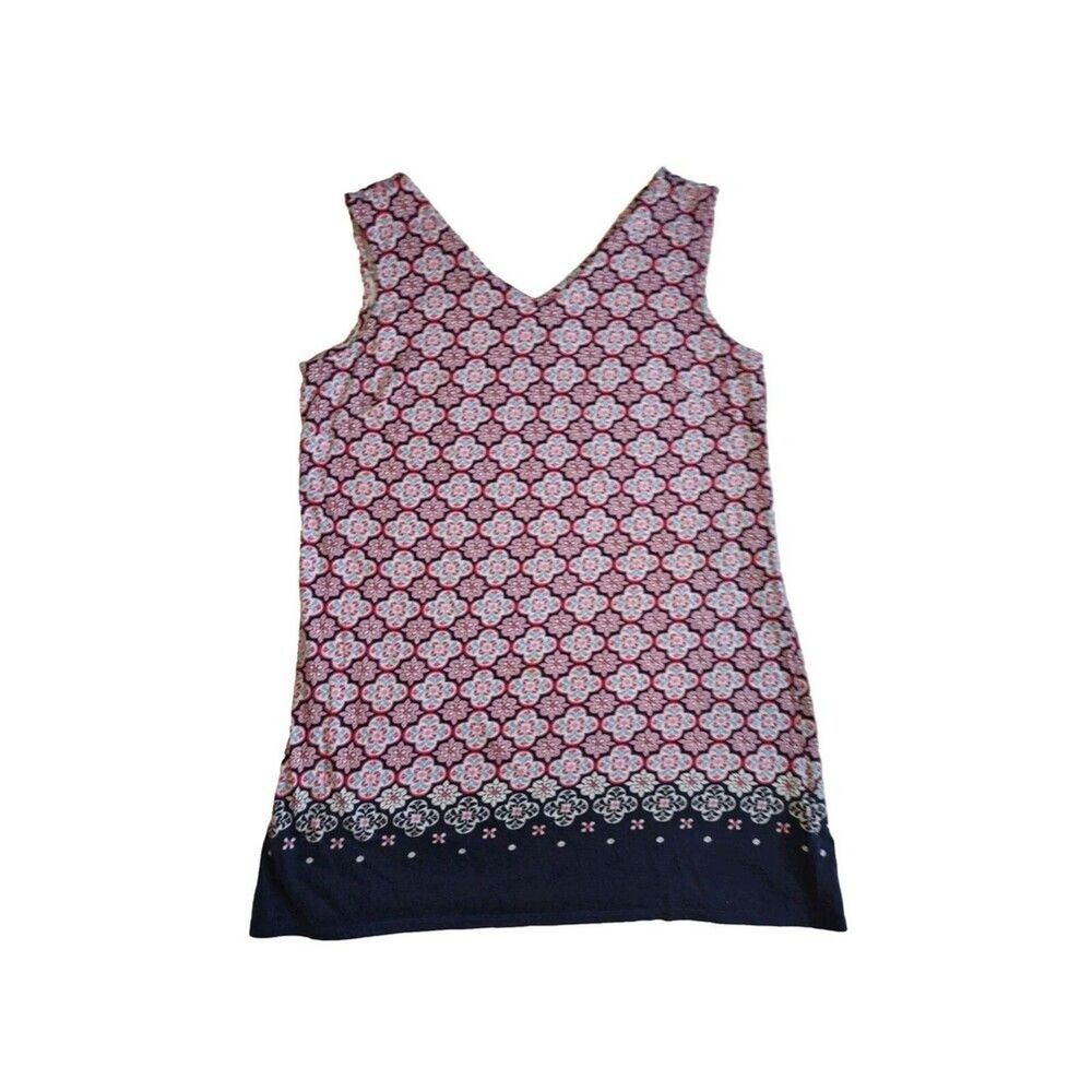 Sz L Blue & Pink Floral Sleeveless Summer Shift Shirt Dress V-neck